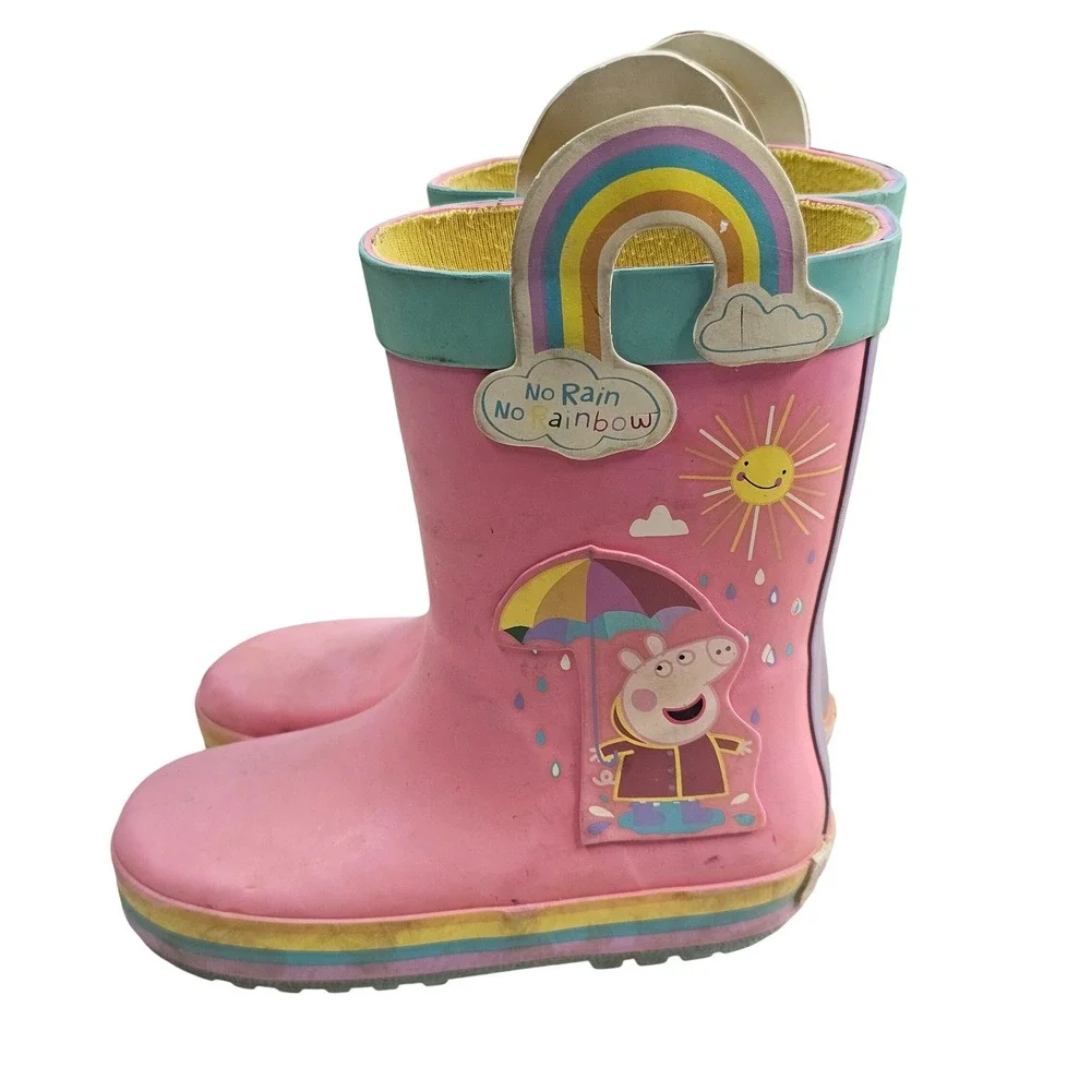Peppa Pig Kids Pink Rainbow Rain Boots Waterproof Pull On Size 9-10